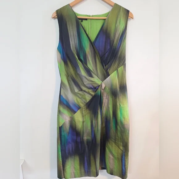 Lafayette 148 watercolour cotton wrap waist sheath dress Sz 14 - Picture 2 of 8